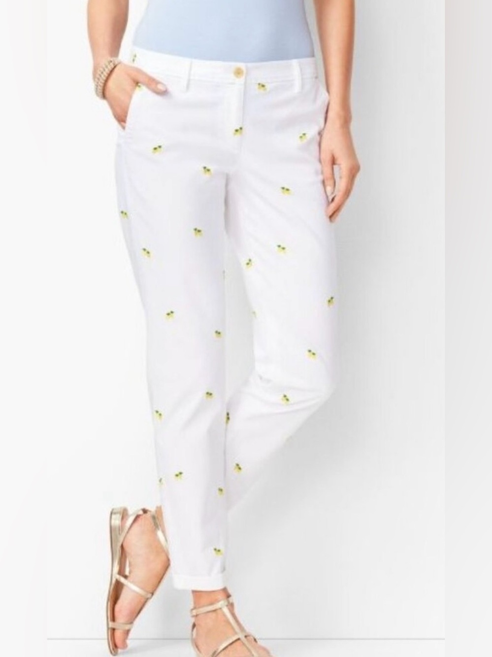 Talbots Girlfriend Chino Pants White w/Lemon Embroidery; NWT, Sz. 10